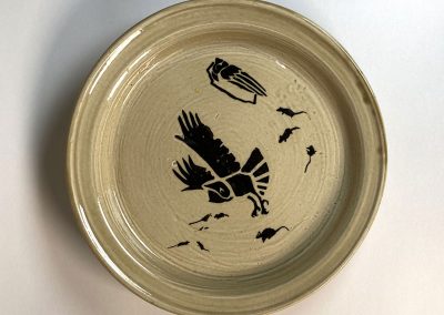 Owls and Rats amber celadon platter 11.5 dia. Porcelain. Cone 10 2021